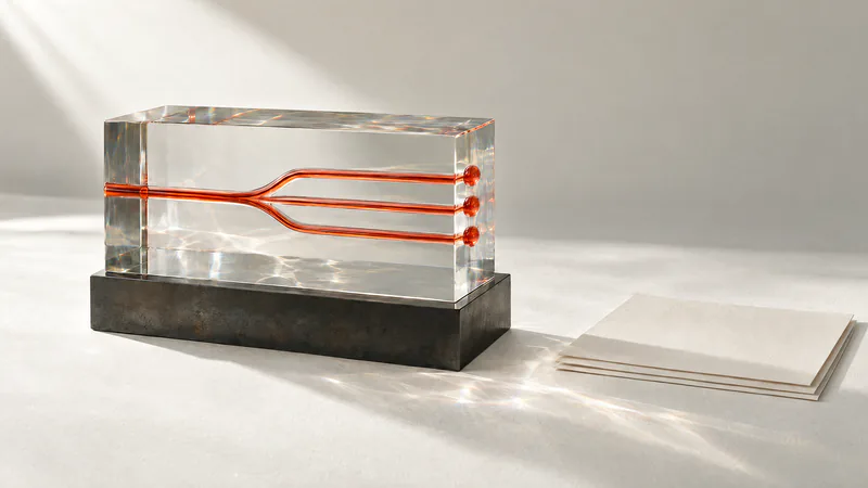 A block of clear glass on a black steel plinth. One orange channel enters the glass and splits into three channels that leave side by side. Three blank sheets of paper lie beside it.