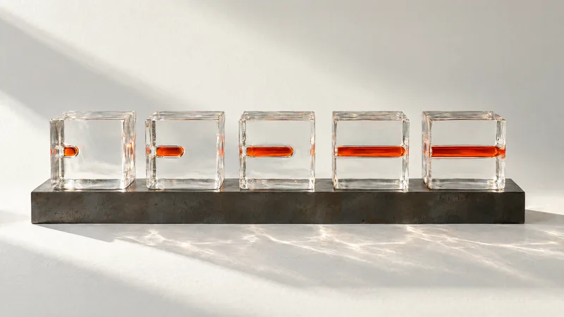 Five clear glass blocks in a row on a black steel bar. The orange channel inside each block runs a little further than in the one before, from barely started to complete.